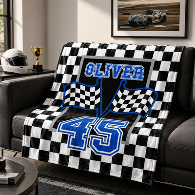 Personalized Checkered Flag Racing Design Soft Throw Blanket with Name and Number Home Decor Father's Day Birthday Gift for Man Racing Enthusiast