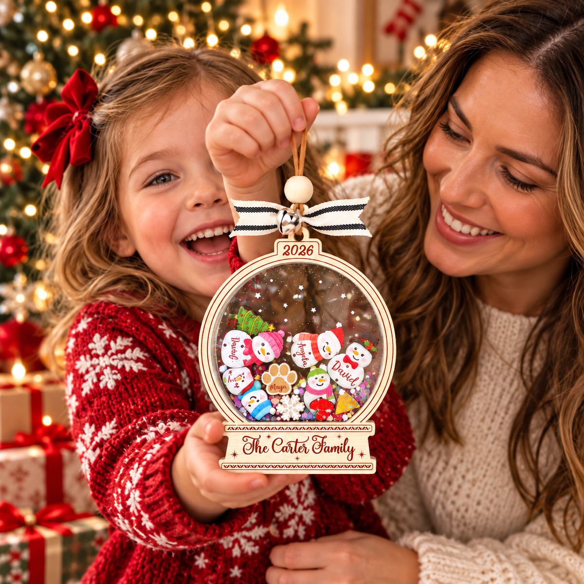 Personalized Family Snow Globe Ornament, Custom Name Snowman Christmas Tree Decoration