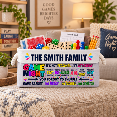 Personalized Family Game Night Storage Basket – Custom Family Name Board Game Organizer, Family Game Night Gift