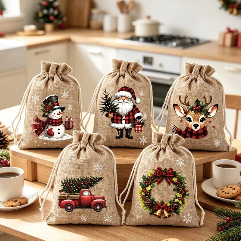 Personalized Christmas Fabric Gift Bags, Santa & Reindeer Holiday Drawstring Sacks, Reusable Xmas Present Storage Bags for Holiday Gift Giving