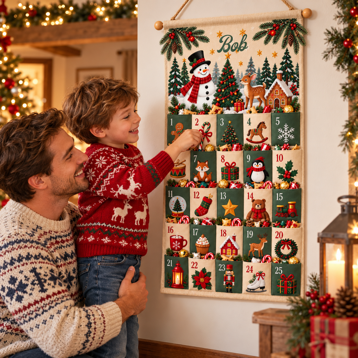 Personalized Christmas Advent Calendar – Custom Name Fabric Countdown Calendar with Numbered Pockets, Reusable Christmas Wall Hanging Gift for Kids & Family