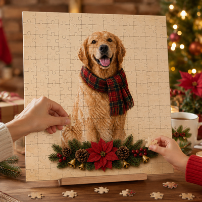 Personalized Pet Jigsaw Puzzle – Custom Photo Christmas Pet Portrait with Plaid Scarf & Festive Floral Design, Holiday Gift for Dog & Cat Lovers
