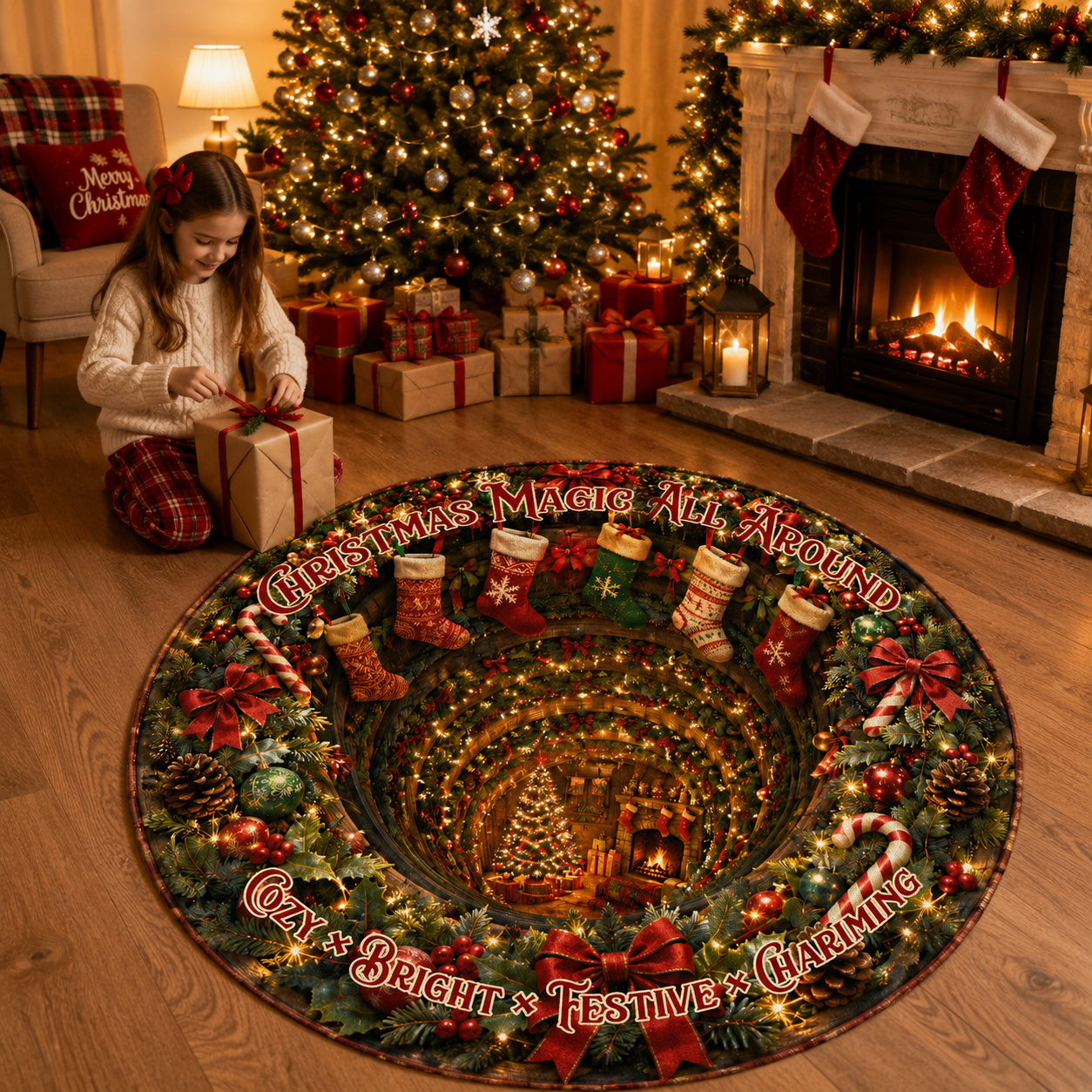 Christmas 3D Vortex Optical Illusion Round Rug Non-Slip Decorative Floor Mat, Winter Snow Forest Deer Snowman Vintage Red Truck Cabin Wreath Pattern, Indoor Holiday Home Decor Gift For Family, Christmas Enthusiasts