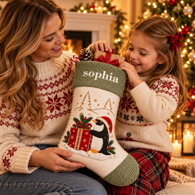 Personalized Christmas Stocking, Vintage Embroidered Stocking with Custom Name, Holiday Decor & Christmas Gift for Family