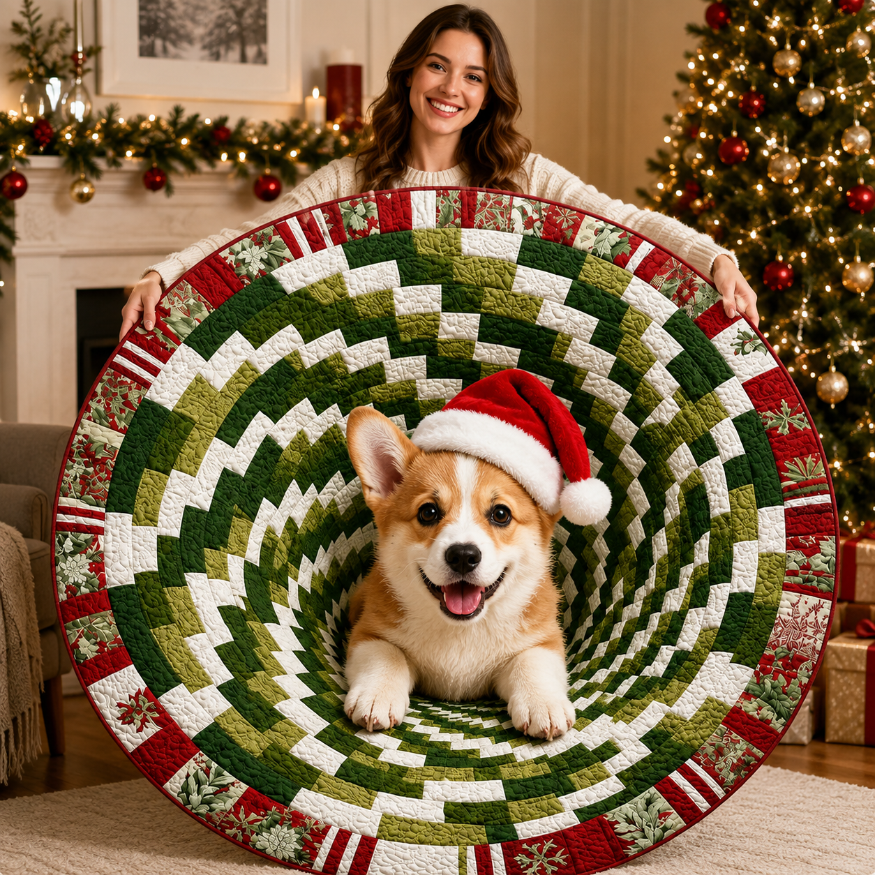 Custom Christmas 3D Vortex Optical Illusion Round Rug, Personalized Pet Santa Hat Non‑Slip Decorative Floor Mat, Festive Visual Trap Design, Xmas Gift for Pet Lovers