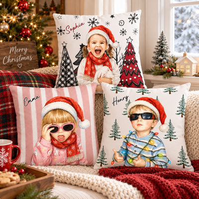 Custom Watercolor Photo Pillow | Christmas Gift for Kids Personalized Pillow