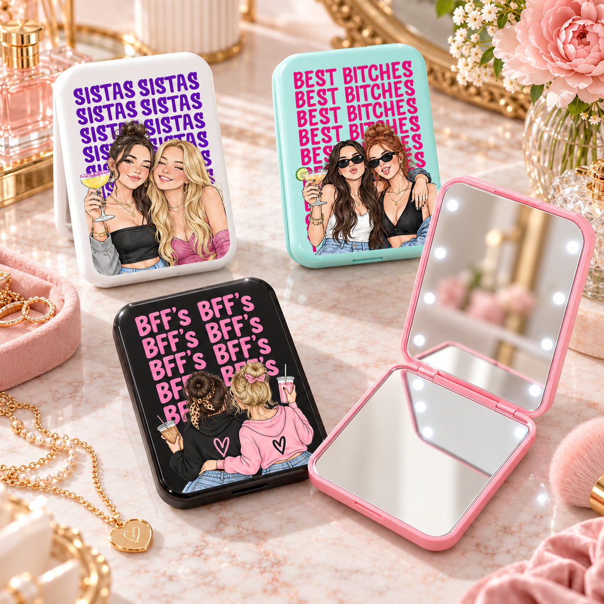 Custom Friendship Photo Compact Mirror, Personalized Best Friend Portrait Keepsake, Travel Makeup Mirror, Birthday Gift for Sister & Besties