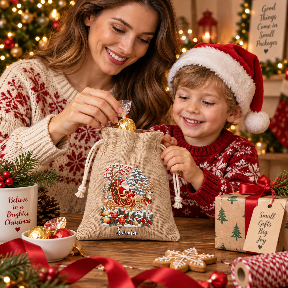 Rustic Burlap Christmas Drawstring Gift Bags, Nativity & Vintage Santa Xmas Printed Gift Sacks, Reusable Holiday Present Storage Bags Gift For Kids