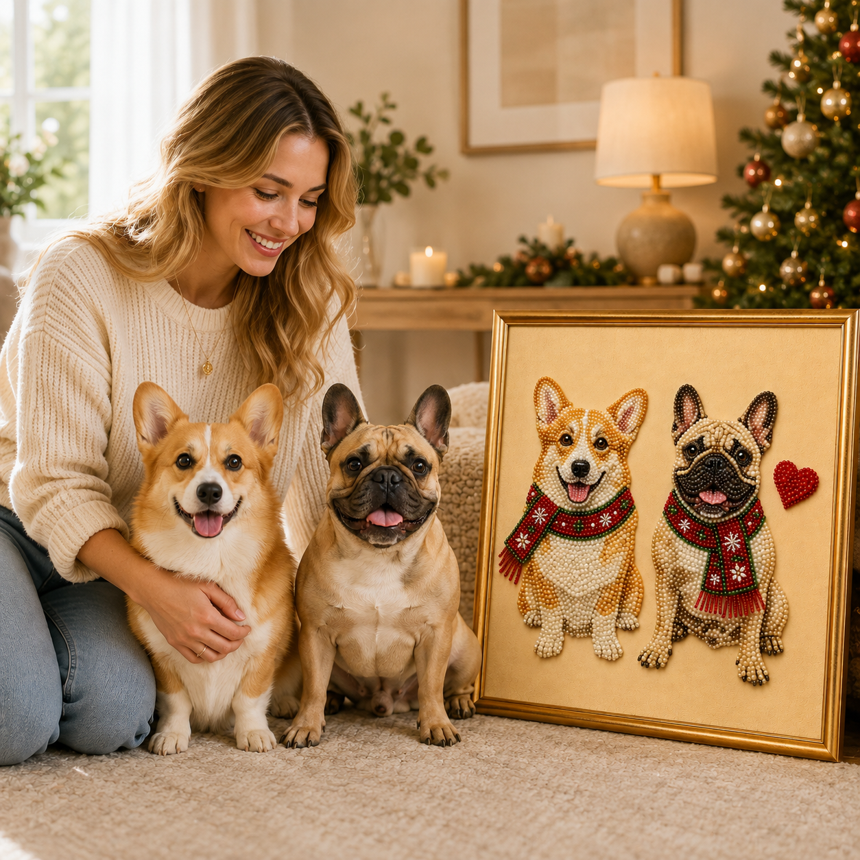 Personalized 3D Pearl Art DIY Kit – Custom Pet Portrait with Festive Scarf & Name for Christmas Wall Decor & Gifts for Pet Lovers