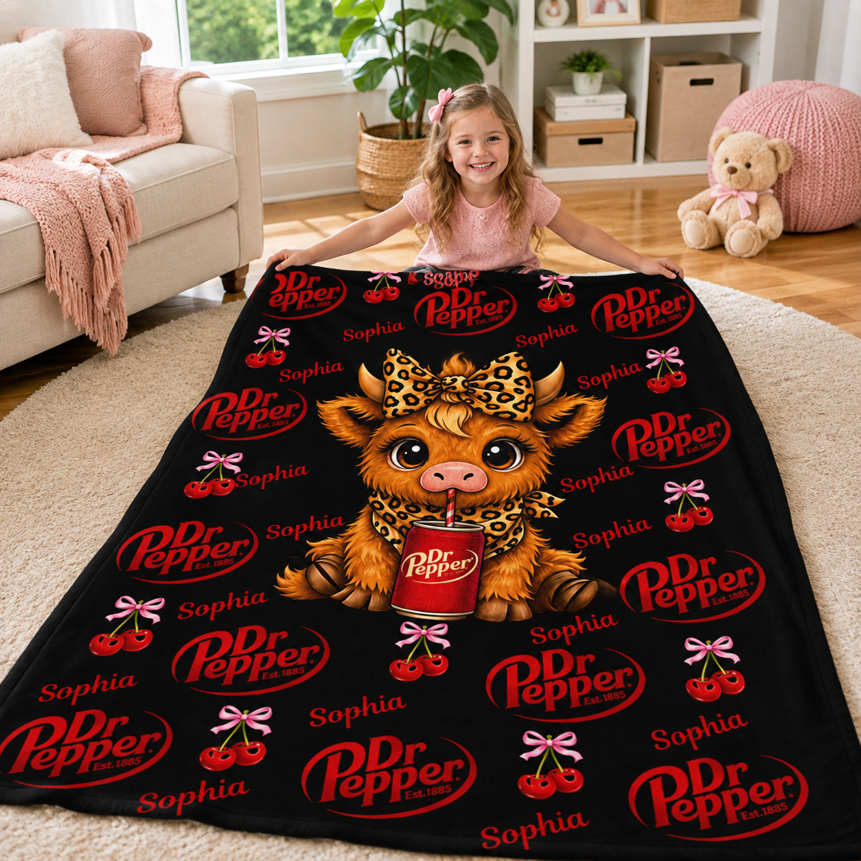 Personalized Dr Pepper Highland Cow Flannel Blanket, Custom Name Leopard Print Cherry Cow Throw Blanket, Cute Home Decor Gift for Soda Lover, Cow Enthusiast