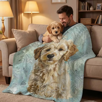 Personalized Oil Painting Style Pet Photo Soft Throw Blanket with Name Home Decor Birthday Pet Memorial Gift for Pet Lovers