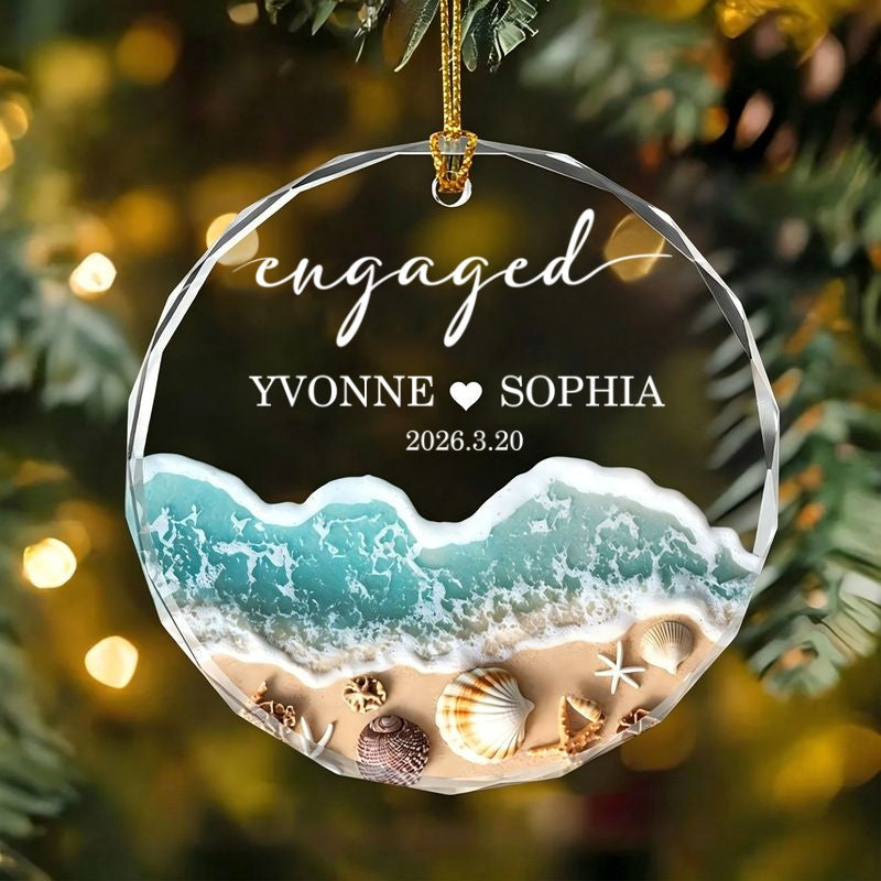 Personalized Beach Engaged Married Glass Ornament