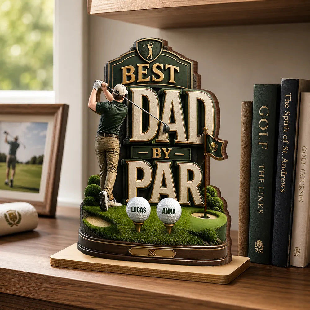 Golf Dad & Kids Best Dad By Par - Personalized 2-Layered Wooden Plaque - Father's Day Gift For Dad, Husband