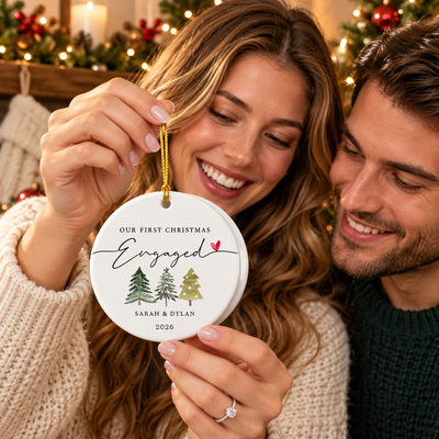 Personalized Engagement Christmas Ornament – Custom Ceramic Round or Heart-Shaped Keepsake with Names & Year, First Christmas as an Engaged Couple Gift