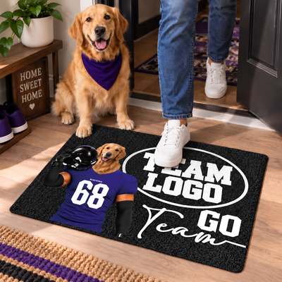 Custom Pet Head Football Doormat, Upload Your Pet Photo, Personalized Football Team Welcome Mat, Pet Lover & Football Fan Gift