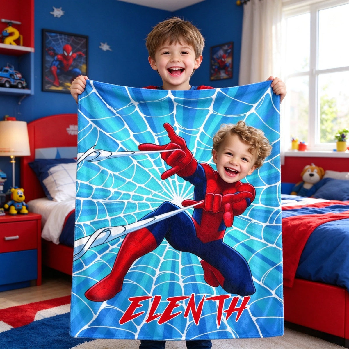 Personalized Photo Spider Hero Kids Blanket, Sky Adventure Custom Portrait Blanket, Naptime Comfort Gift for Birthday, Back to School & Children’s Day