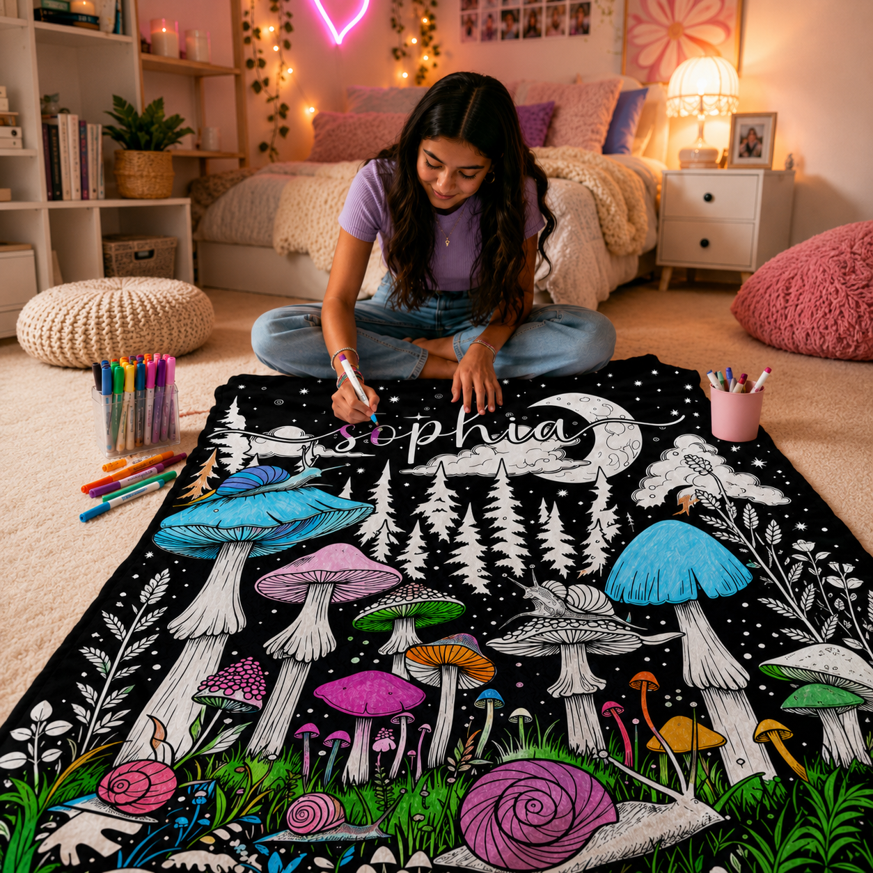 Personalized Name Line Art Blanket Custom Floral Butterfly Woodland Cottage Owl Dragon Black White Sketch Cozy Blanket Custom Name Gift