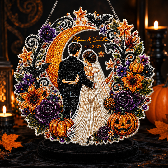 Custom Names Halloween Wedding Diamond Painting Wreath Ornament Personalized Couple Est Date Pumpkin Bat Fall Floral Rhinestone Wall Hanging Decor Gift For Newlyweds
