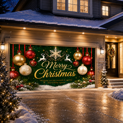 Merry Christmas Garage Door Banner, Winter Holiday Xmas Ornament Wreath Garage Door Cover, Outdoor Christmas Home Decoration Gift for Family, Neighbors & Holiday Enthusiasts