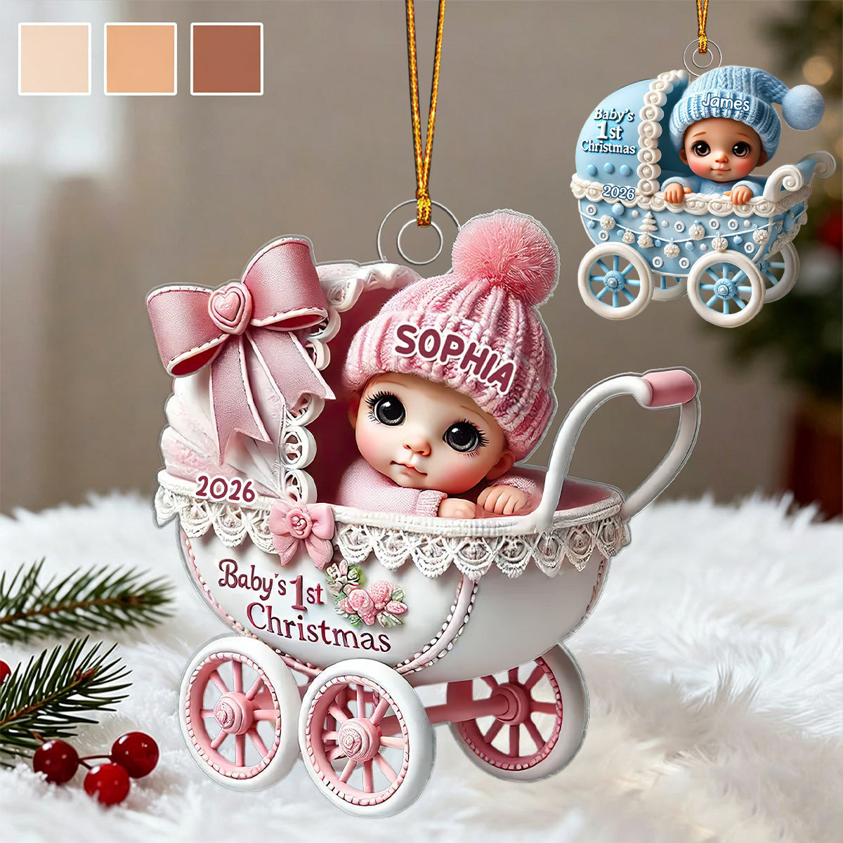3D Effect Newborn Baby In Carriage Christmas Personalized Ornament