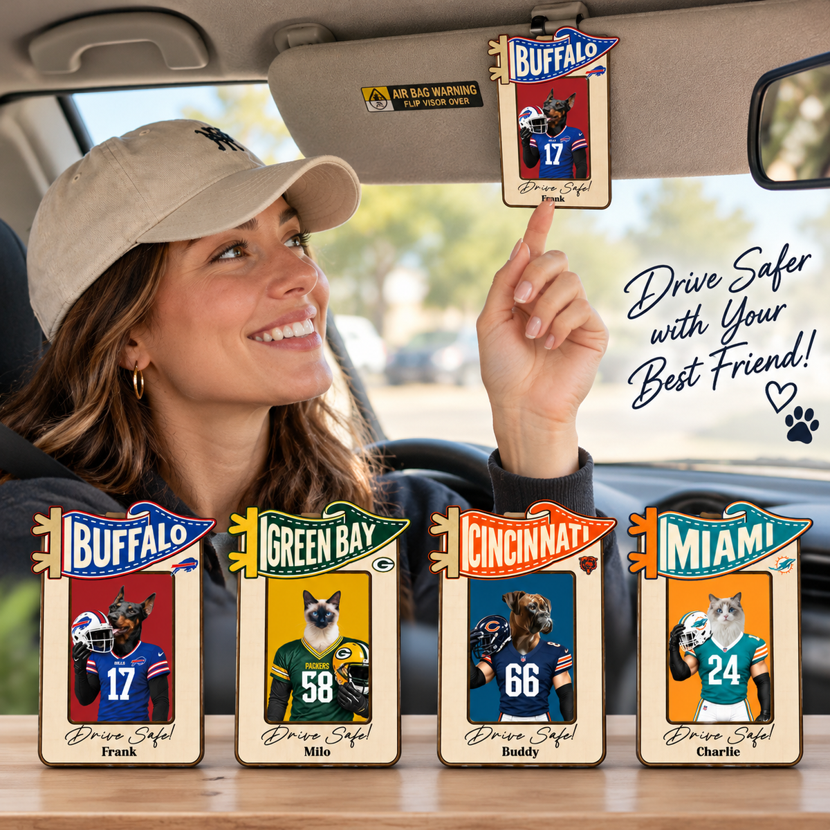 Custom Pet Head Car Clip, Upload Your Pet Photo, NFL Football Team Style Car Visor Clip, Pet Lover & NFL Fan Gift