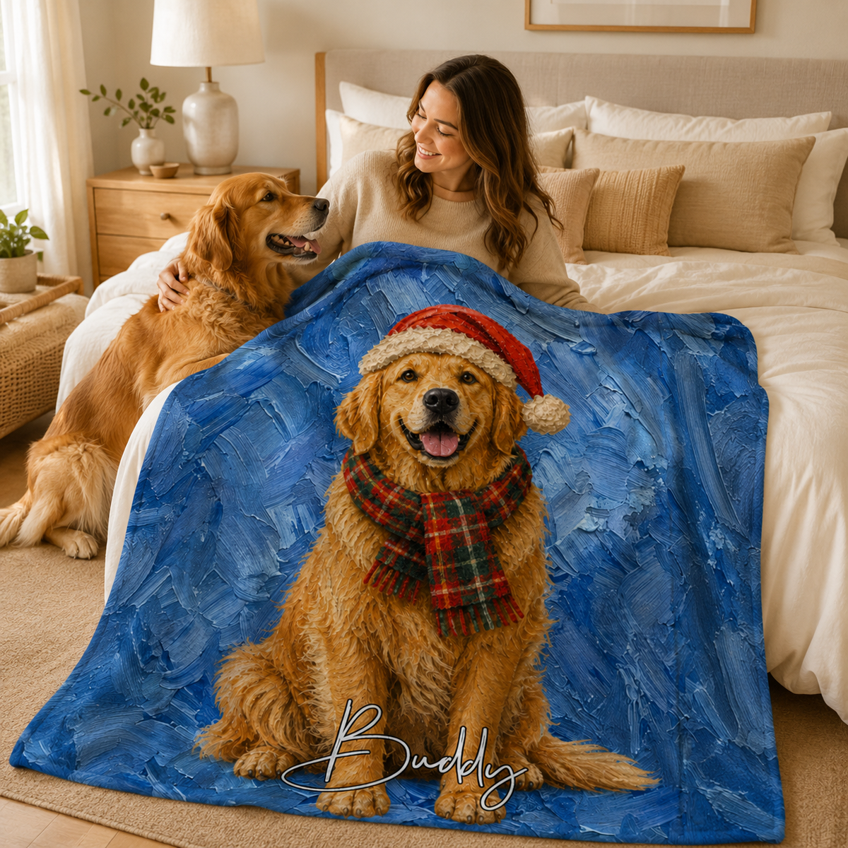 Personalized Christmas Pet Portrait Blanket – Custom Oil Painting Style Dog & Cat Photo with Santa Hat & Scarf, Holiday Gift for Pet Owners & Pet Lovers