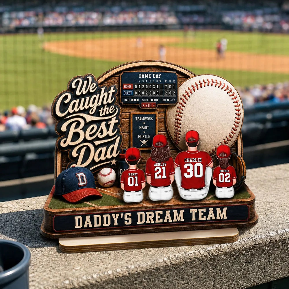 Baseball Things Dad & Kids Back View Sitting 2D Flat - Personalized 2-Layered Wooden Plaque - Happy Father's Day For Baseball Dad