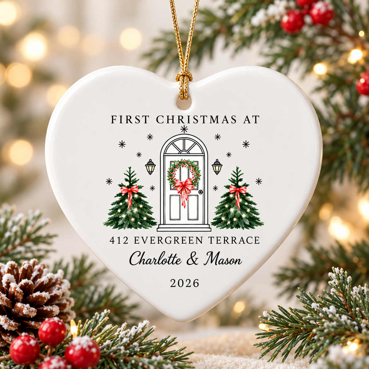 Personalized New Home Christmas Ornament – Custom Address & Names Ceramic Keepsake, First Christmas in New Home Gift for Couples & Families