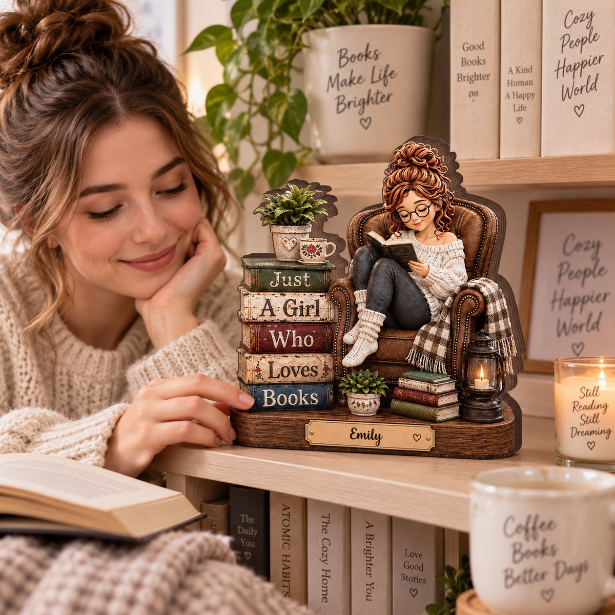Personalized Book Lover Wooden Block, Just a Girl Who Loves Books Plaqueokshelf Decor, Library Decor, Gift for Her