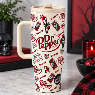 Horror Ghostface 40oz Insulated Travel Tumbler, Custom Name Dr Pepper Soda Wrap Drinkware, Scary Movie Icons Water Cup For Halloween Party Gift For Horror Enthusiasts
