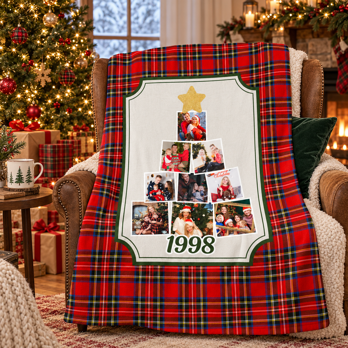 Personalized Christmas Tree Photo Collage Flannel Blanket, Custom Year Family Picture Plaid Throw Blanket, Customized Xmas Memory Keepsake Gift