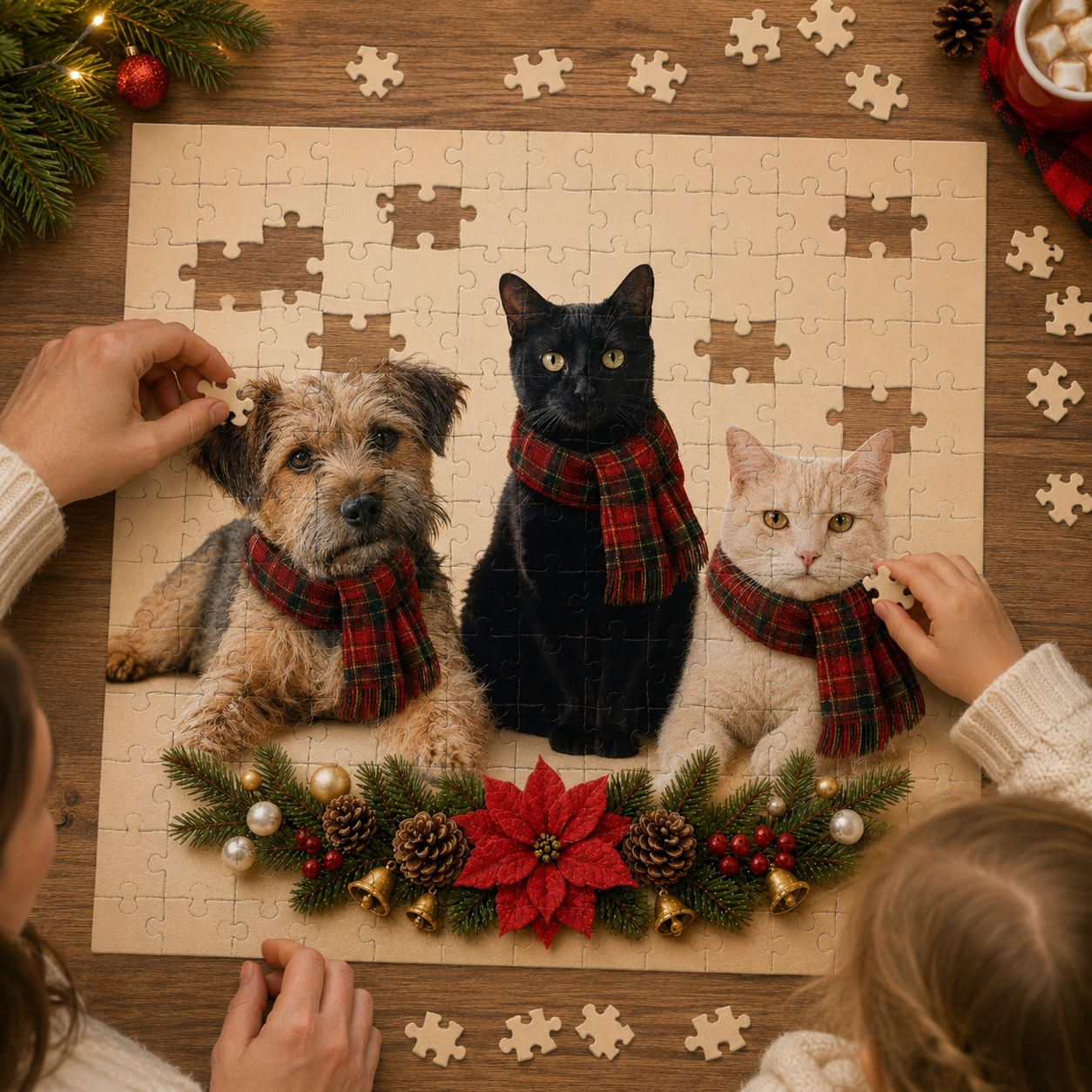 Personalized Pet Jigsaw Puzzle – Custom Photo Christmas Pet Portrait with Plaid Scarf & Festive Floral Design, Holiday Gift for Dog & Cat Lovers