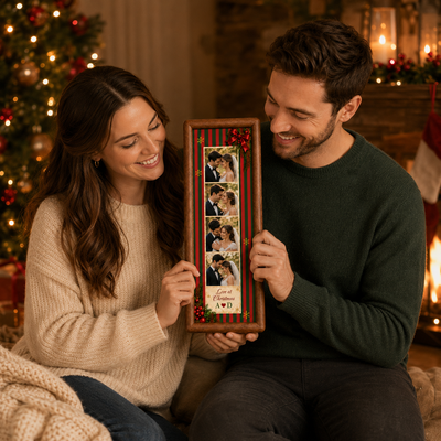 Personalized Vertical Photo Collage Wooden Frame, Custom 4‑Picture Couple Photo Frame With Text & Initials, Our First Christmas Gift for Newlywed Couple