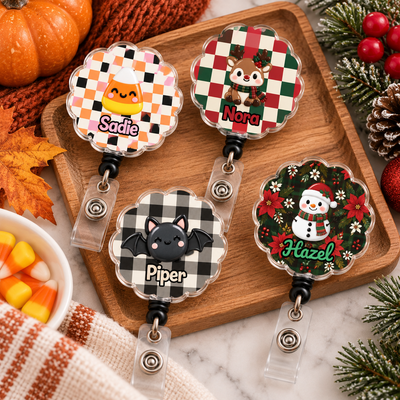 Personalized Name Holiday Badge Reel, Custom Retractable ID Badge Holder, Cute Halloween Christmas Character Badge Reel for Nurse Teacher Work Gift