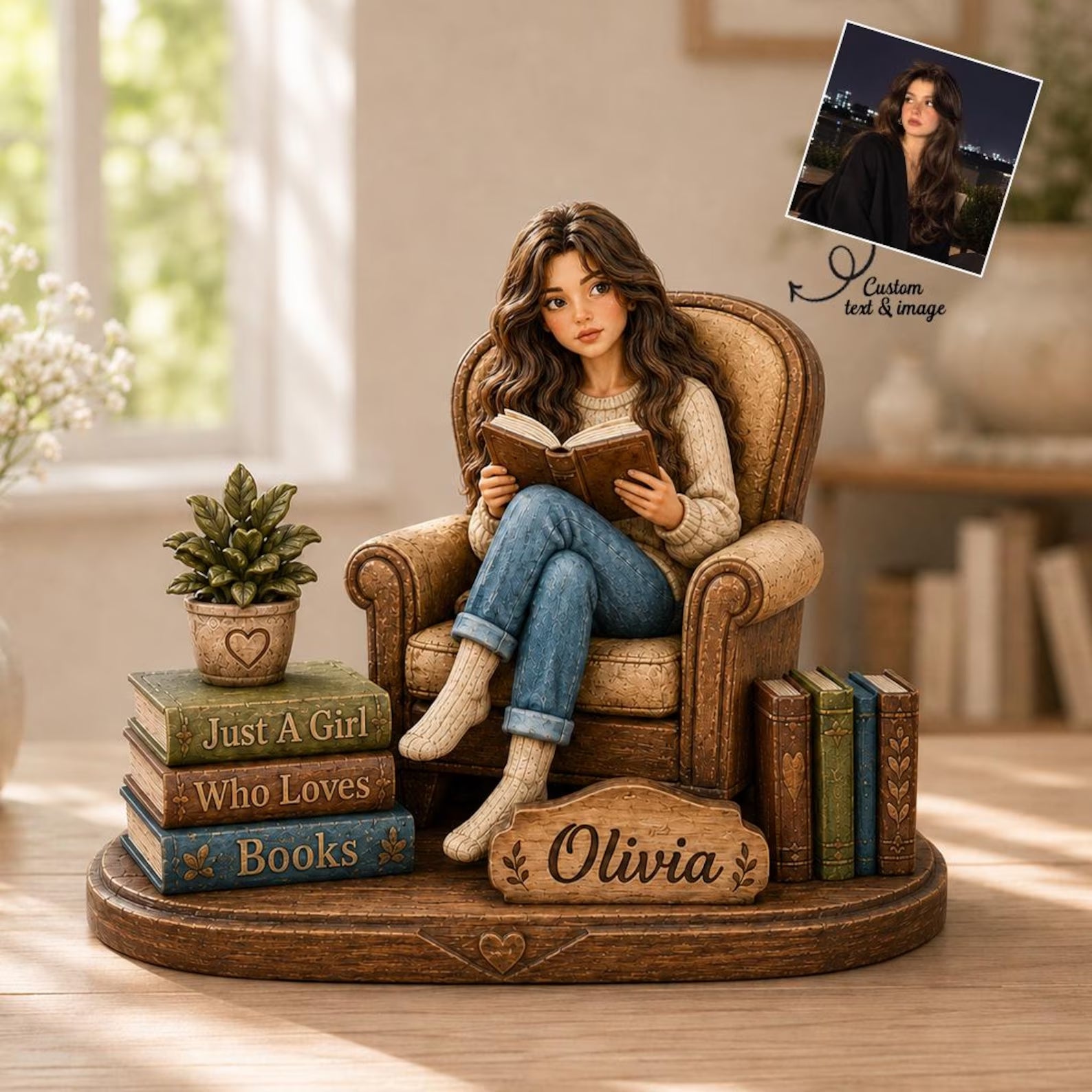 Custom Photo Just A Girl Who Loves Books Wooden Block, Book Lover Gift, Bookish Girl Gift, Bookshelf Decor, Library Decor, Gift for Her