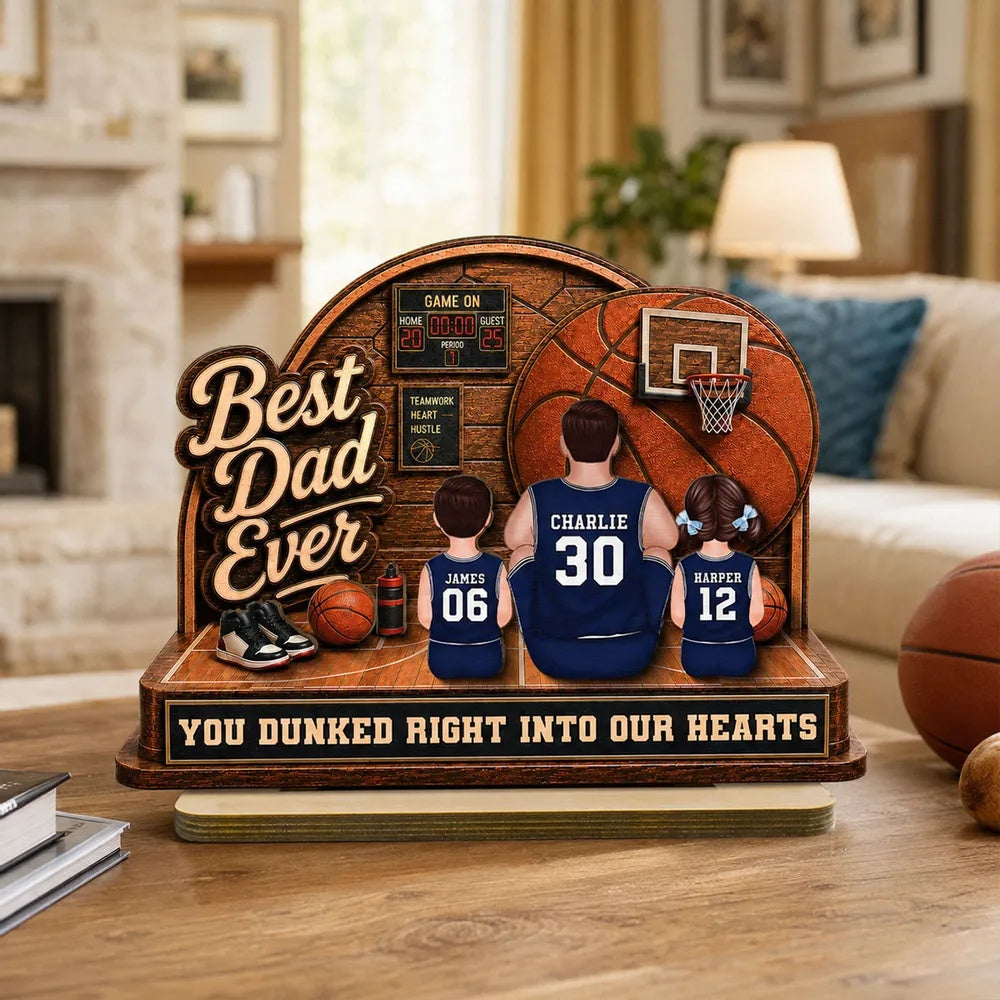 MVP Dad Back View Basketball Man & Kids 2D Flat - Personalized 2-Layered Wooden Plaque - Father's Day Gift For Basketball Dad