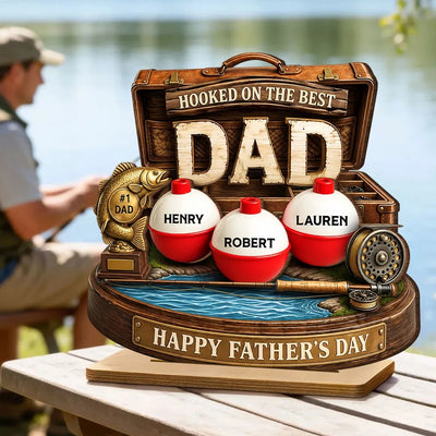 Hooked On The Best Dad Fishing - Personalized 2-Layered Wooden Plaque - Heartfelt Gift For Fishing Dad, Gift For Husband