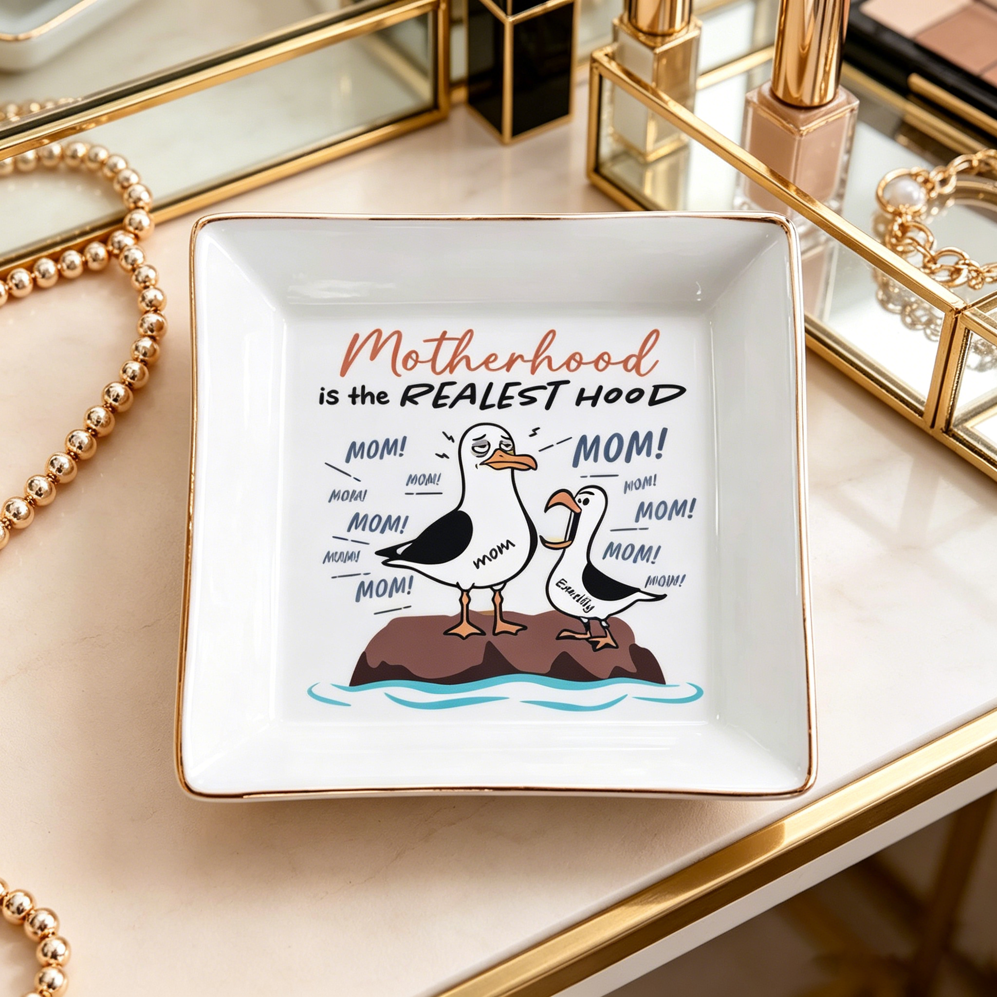 Personalized Tired Mom Seagull Jewelry Dish - Custom Kids Names Trinket Tray - Funny Mother's Day Gift For Overstimulated Mom