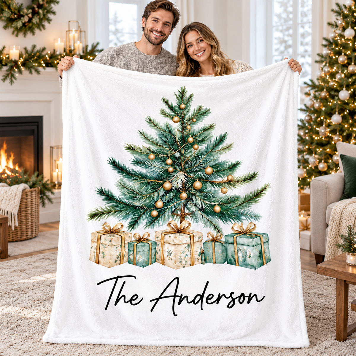 Personalized Christmas Blanket – Custom Family Name Tree Design, Holiday Home Decor & Christmas Gift for Families