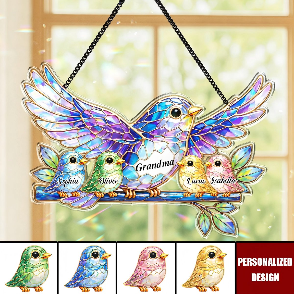 Custom Grandma Bird Acrylic Suncatcher, Custom Bird Mom Family Suncatcher, Mother's Day Gift