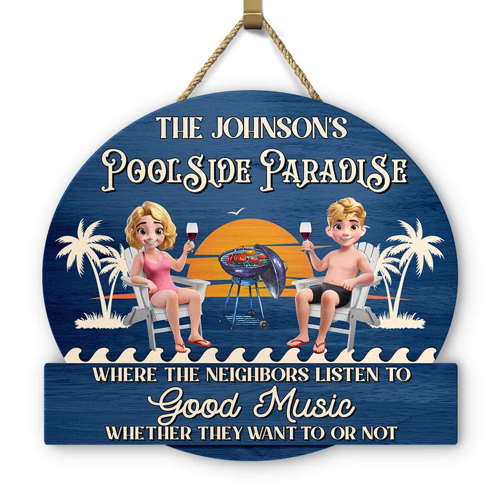 Couple Poolside Paradise Relax Enjoy - Personalized Custom Shaped Wood Sign