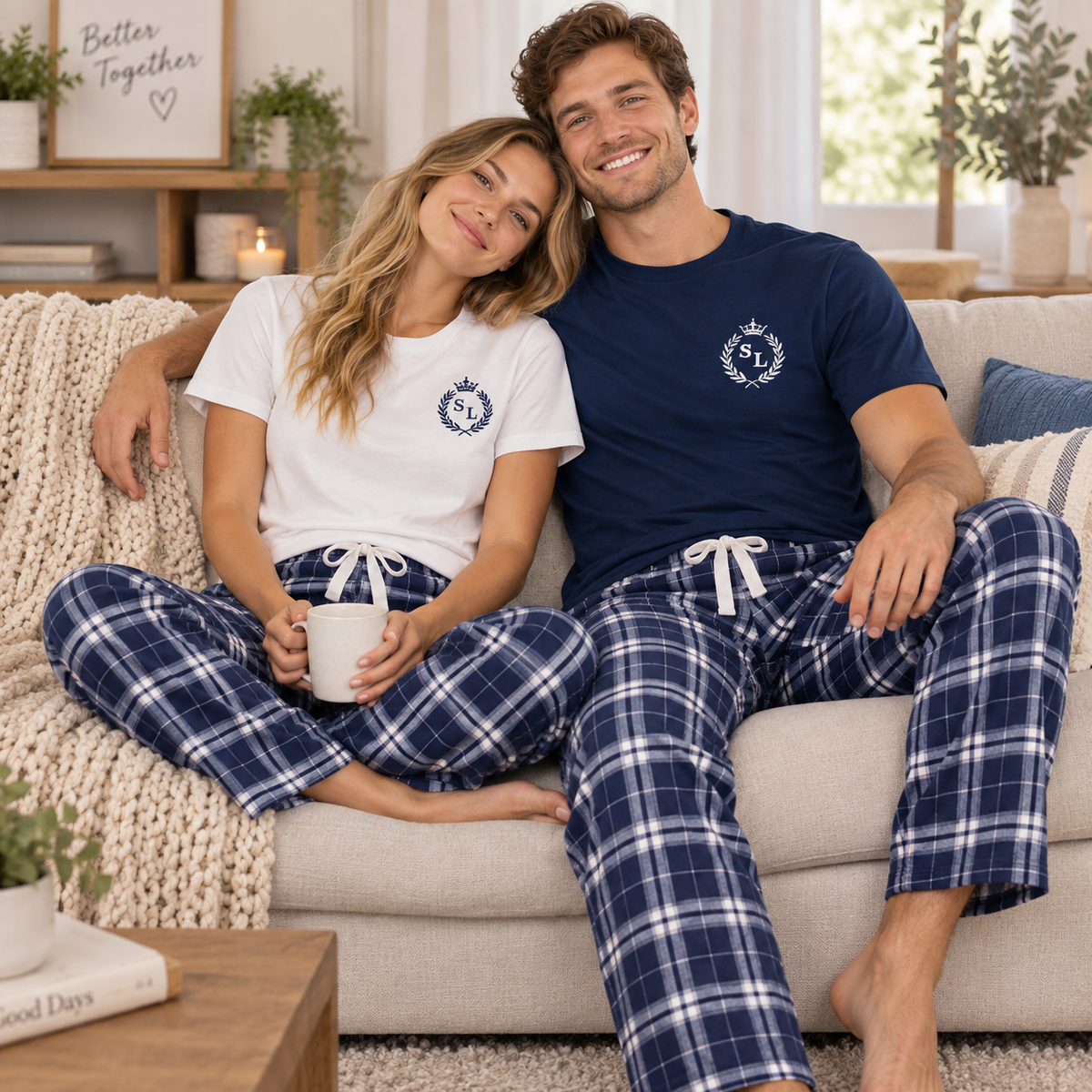 Matching Couple Pajama Set – Custom Initials & Plaid Design, Anniversary Gift for Couples