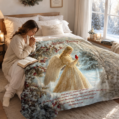 Personalized Christian Christmas Blanket, Custom Name Nativity Angel Santa Bible Verse Throw Blanket, Religious Winter Scripture Gift for Family