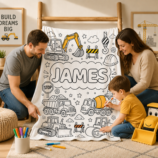 Personalized Dinosaur/Mermaid Ocean/Construction Truck DIY Coloring Blanket | Custom Kid Name Blanket