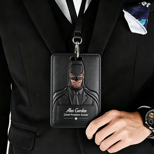 Personalized Batman Superhero PU Leather ID Badge Holder Custom Photo Name Work Lanyard