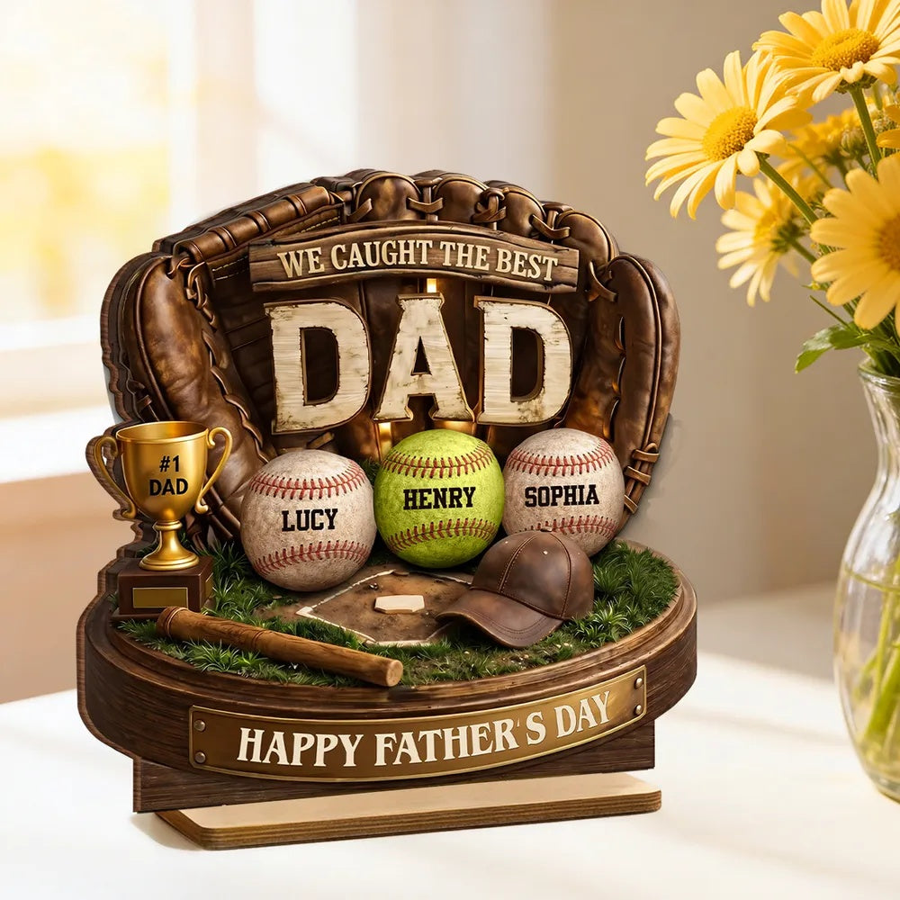 We Caught the Best Baseball Dad - Personalized 2-Layered Wooden Plaque - Father's Day Gift for Dad, Husband
