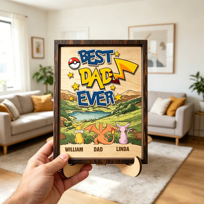 We Choose You Dad Personalized 2-Layered Wooden Plaque, PokeDad Father’s Day Gift, Custom Cartoon Monster Family Name, Wood Desk Decor