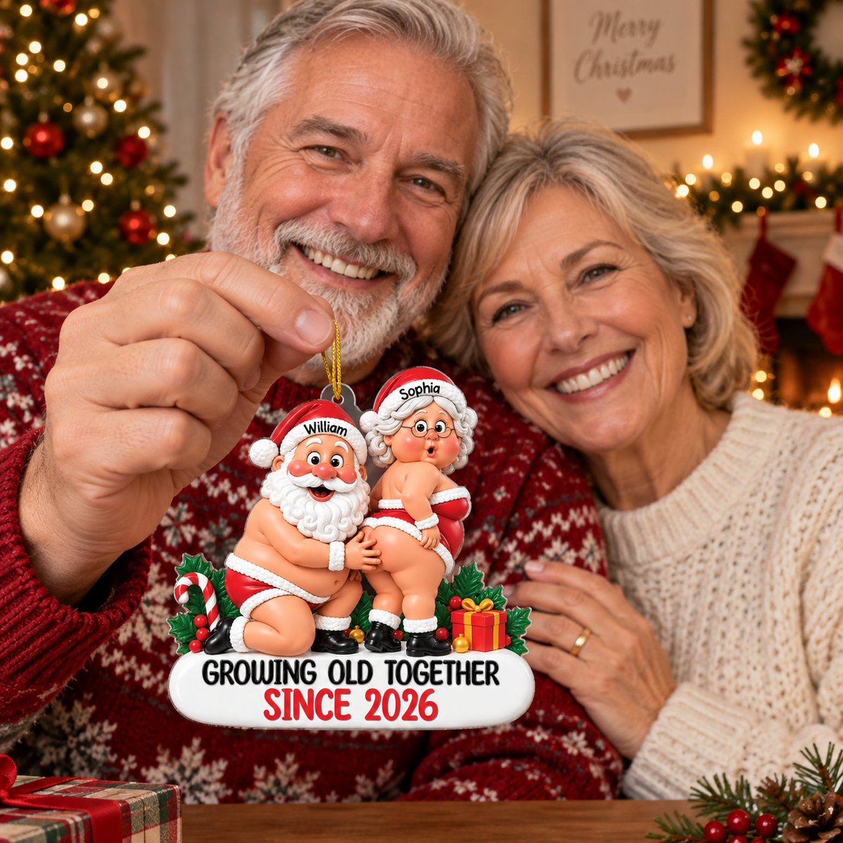 Custom Funny Santa Couple Acrylic Ornament, Personalized Names & Year Christmas Tree Decor, Romantic Keepsake Gift For Husband Wife