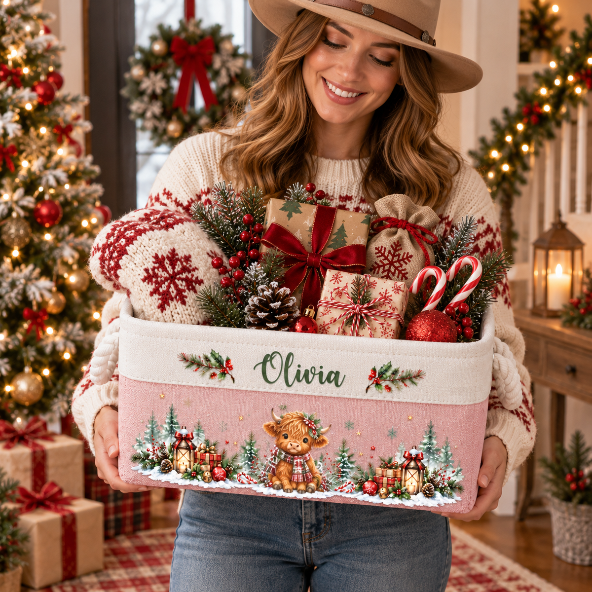 Highland Cow Themed Farm Christmas Decor, Custom Name Rustic Personalized Storage Basket