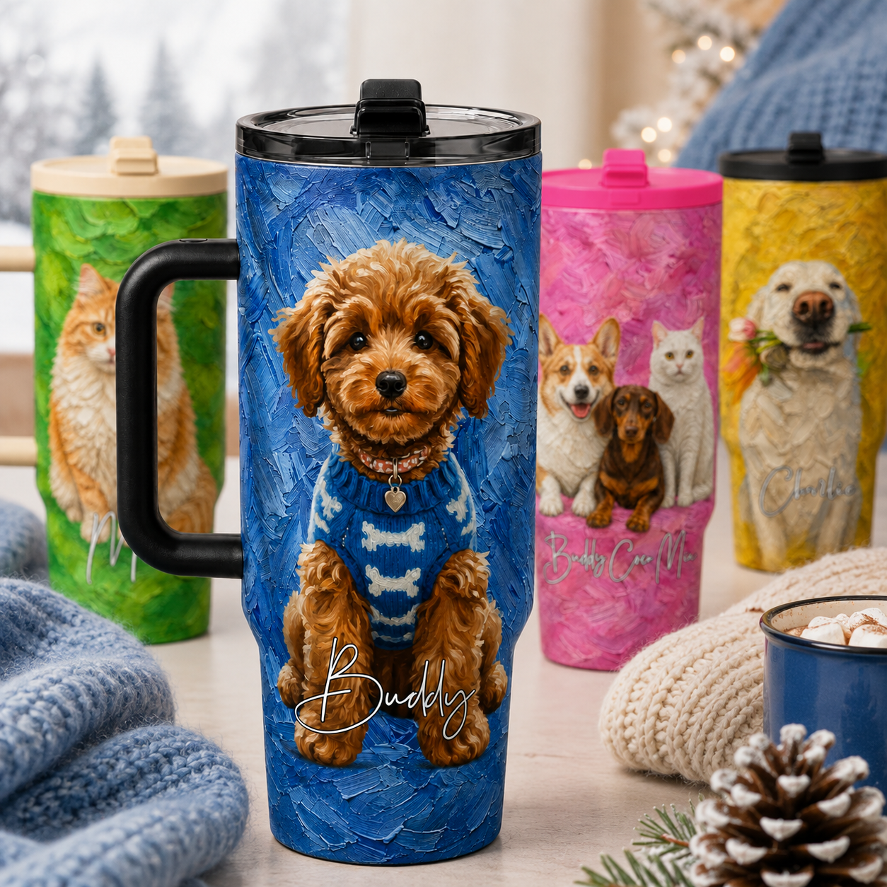 Custom Dog Oil Painting Tumbler, Personalized 40oz Stainless Steel Tumbler with Handle Pet Puppy Cup, Insulated Travel Mug for Pet Lovers